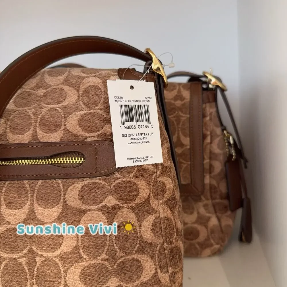 NWT Coach Etta Flap Bag Signature Chenille CCE58 Light Khaki/Vintage Brown